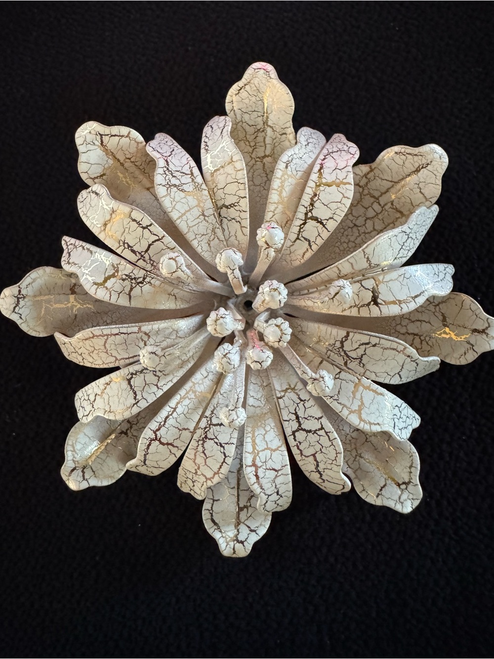 Vintage White Crackle Enamel Flower Brooch - Silver Tone